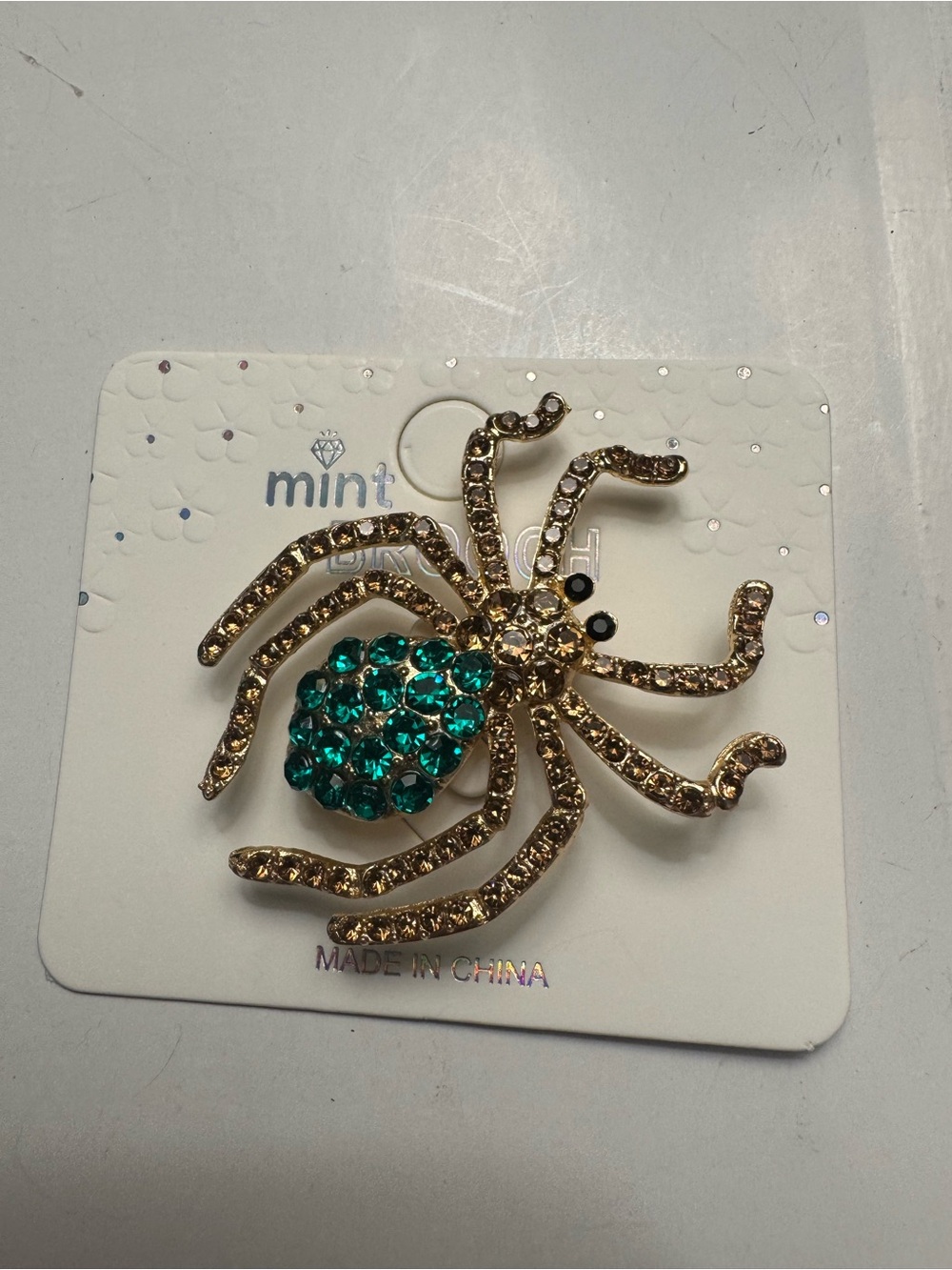 New Mint Gold-Tone Spider Brooch with Emerald Crystals